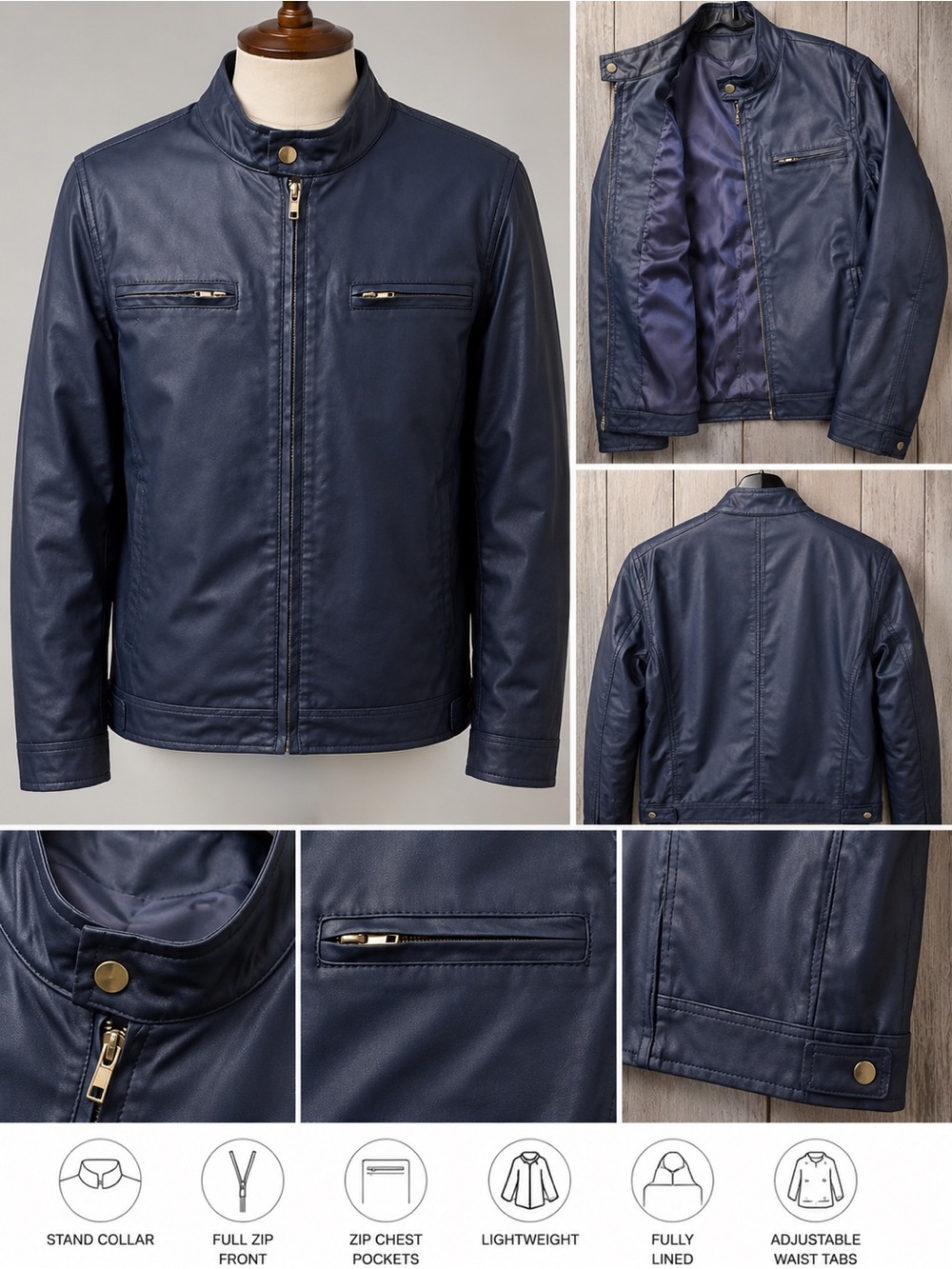 Men’s Cafe Racer Faux Leather Jacket Navy Zip Moto Motorcycle Minimalist Coat